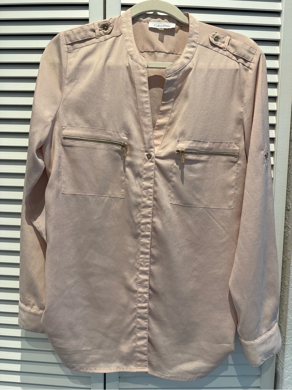 Calvin Klein Light Blush Pink Zip-Pocket Button-Tab Blouse